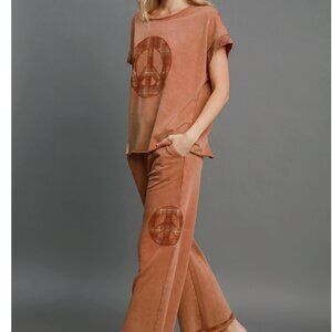 206.Women's Washed French Terry Peace Top and Wide Leg Pants Set